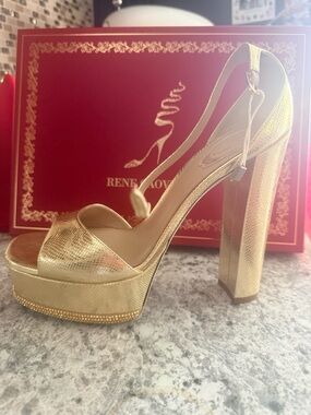 Rene Caovilla Metallic Gold Platform Slingback Sandals